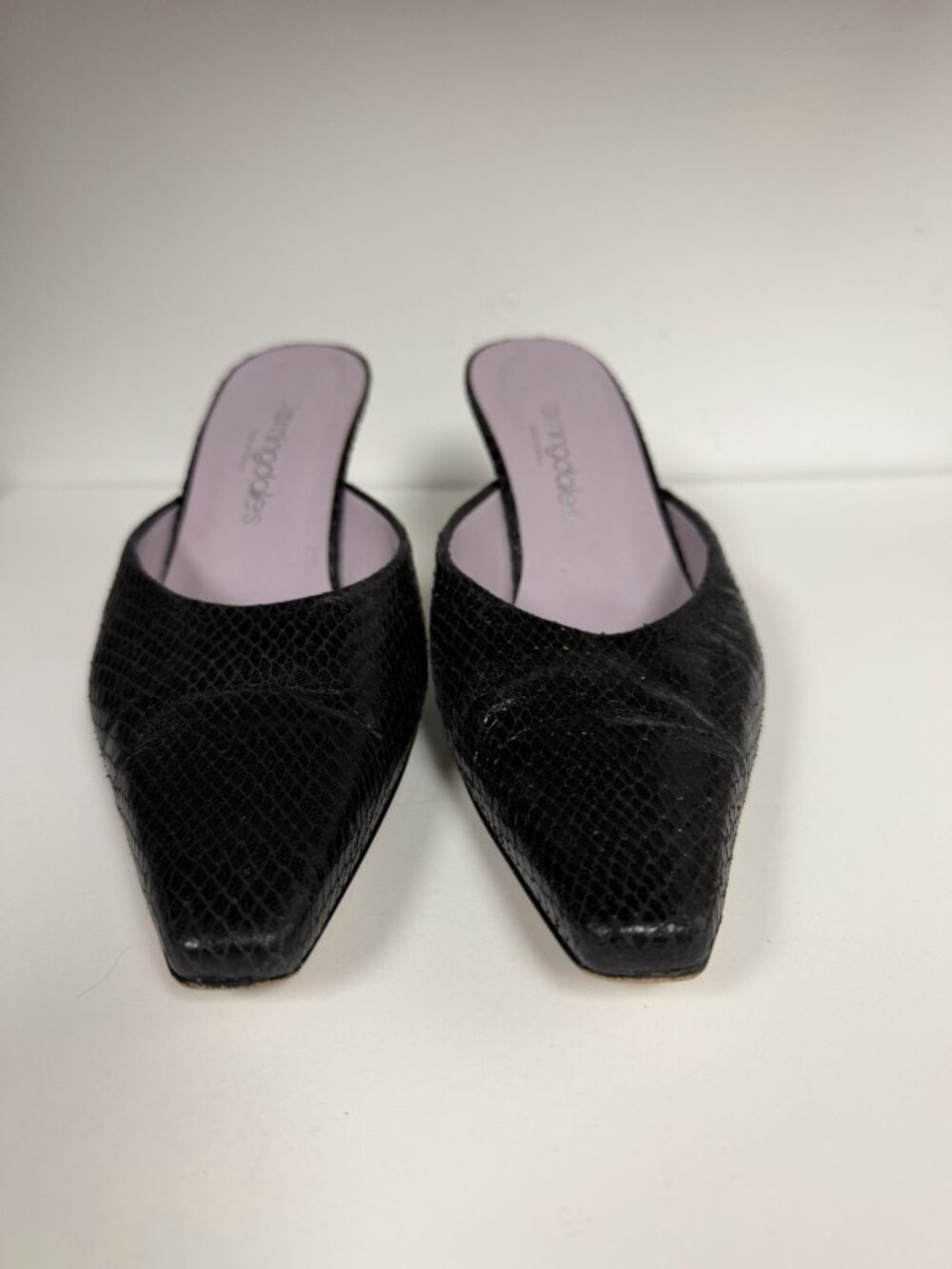 Bloomingdale's Vtg Y2K Kitten Heel Mules Black Leather Pointed Toe Whimsy Goth - Picture 5 of 11